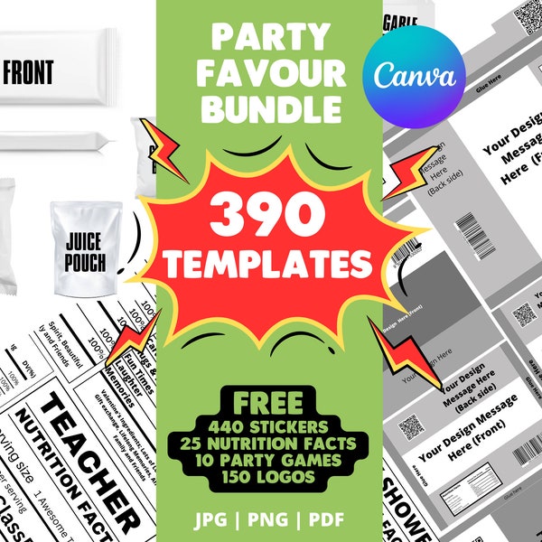 Könnte beinhalten: Eine Comic-Grafik in Rot und Weiß mit dem Text "PARTY FAVOUR BUNDLE 390 TEMPLATES FREE 440 STICKERS 25 NUTRITION FACTS 10 PARTY GAMES 150 LOGOS JPG | PNG | PDF" und Bildern verschiedener Party-Favoriten-Vorlagen, darunter ein Saftbeutel, ein Schokoladenriegel, eine Dose und eine Vorder- und Rückseite eines generischen Party-Favoriten.