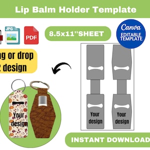 May include: A printable template for making lip balm holders. The template includes two designs, one with a fall-themed pattern and one with a brown leather texture. The template is 8.5 inches by 11 inches and can be edited in Canva.