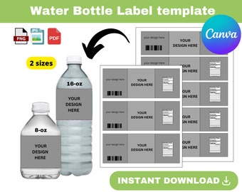 8oz, 16oz Water bottle labels, Water Bottle Label Template, Custom Water Bottle Sticker, Blank Water Bottle template, Party Favor Template
