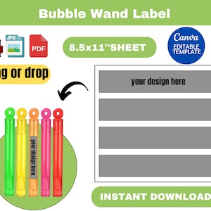 Mall för etiketter för bubbelstavar, mall för etiketter för bubbelflaskor, mall för anpassade etiketter för trollstavar, etiketter för festgåvor