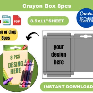 Crayon Box Template, Color Pen Gift Box Template, Wax Crayon box, 8pcs, crayon Box svg, Party Favor box, box template, canva template,