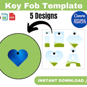May include: Five different designs for key fobs. The designs include a heart, a rectangle, a diamond, a heart, and a letter A. Each design features a blue sky with white clouds, green grass, and a black circle in the center.