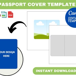 May include: Editable passport cover template with a blue background and the text "YOUR DESIGN HERE". The template is available in PNG, JPG, and PDF formats. The image shows a sample design with a landscape scene.