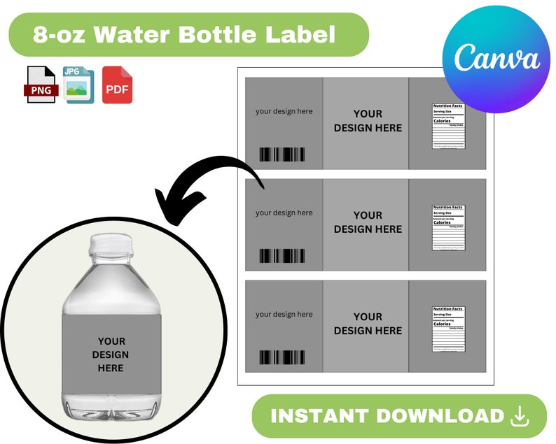 Water Label Less 8oz Water Bottle Labels, Water Bottle Label Template, Custom Water ...