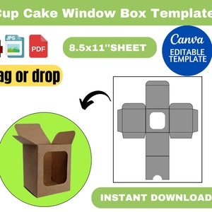May include: A brown cardboard cupcake window box template with a clear window. The image includes file type icons (PNG, JPG, PDF), text that reads "8.5x11" SHEET", "drag or drop", "Canva EDITABLE TEMPLATE", and "INSTANT DOWNLOAD".