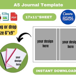 Può includere: Un modello Canva per un diario A5 con due pagine di 15,24 cm x 22,86 cm. Il modello è modificabile e include il testo "il tuo design qui" su ogni pagina. Il modello è disponibile per il download immediato nei formati JPG, PNG e PDF.
