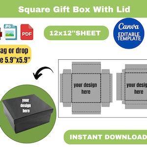 Puede incluir: Una plantilla imprimible para una caja de regalo cuadrada con tapa. La plantilla está diseñada para imprimirse en una hoja de papel de 30,5 x 30,5 cm. La caja mide 15 cm de ancho y 15 cm de alto. La plantilla incluye instrucciones para ensamblar la caja.