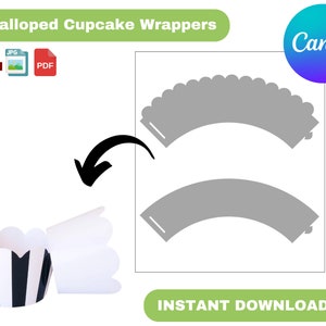 May include: Scalloped cupcake wrappers printable template. Two gray cupcake wrapper templates with scalloped edges. The template is for instant download. The image also shows a black and white striped cupcake wrapper.