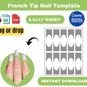 May include: Printable template for creating French tip nails. The template is designed to fit on an 8.5 by 11 inch sheet of paper. The template features a series of oval shapes that can be used to create the perfect French tip.