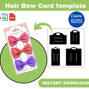 Puede incluir: Una plantilla imprimible para tarjetas de lazos para el cabello. La plantilla incluye tres lazos para el cabello en rosa, coral y morado. La plantilla también incluye cuatro contornos negros de tarjetas de lazos para el cabello con un asa en la parte superior.