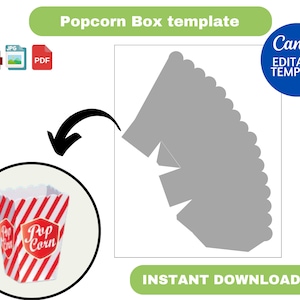 Può includere: Modello stampabile per una scatola di popcorn. Il modello è una silhouette grigia di una scatola con un bordo a festoni. Il modello è etichettato come "Modello Canva modificabile". L'immagine mostra anche una scatola di popcorn a strisce rosse e bianche con le parole "Pop Corn" sul davanti.