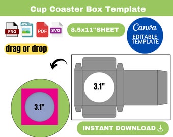 Cup Coaster Box Template, Cup Coaster Box SVG, Coaster Box Template, Coaster Packaging,Label, Wrapper, canva template