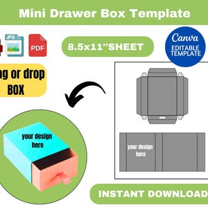 May include: A digital template for a mini drawer box, featuring a 3D rendering of the assembled box with a blue top and coral-colored drawer. The design includes a flat template, file type icons, and the text "Mini Drawer Box Template" and "Instant Download".