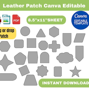 May include: A sheet of 20 different leather patch shapes for use in a design program like Canva. The shapes are grey and outlined in black. The sheet is 8.5 inches by 11 inches.