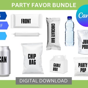 Party favor template Bundle, Chip bag template, Party Favors, Chocolate Bar Template, Water Bottle Labels, Candy bar wrappers, party pop