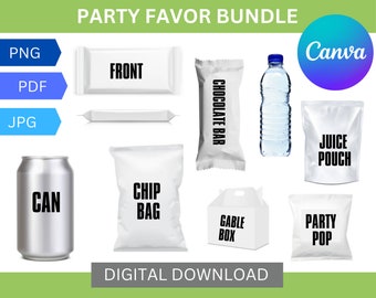 Party favor template Bundle, Chip bag template, Party Favors, Chocolate Bar Template, Water Bottle Labels, Candy bar wrappers, party pop