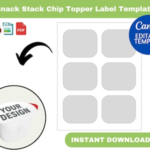 May include: A printable template for chip bag toppers. The template has six blank rounded rectangles for adding text and images. The template is designed to be used with Canva, an online design platform. The text "INSTANT DOWNLOAD" is at the bottom of the template.