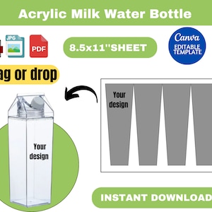 Acrylic milk water bottle template, Acrylic Carton Water Bottle, Full Wrap Template, Acrylic Water Bottle Wrapper, Sublimation Template