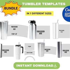 Puede incluir: Un conjunto de 7 plantillas de vasos de diferentes tamaños para usar con Canva. Las plantillas son para crear vasos personalizados con tus propios diseños. Las plantillas son de diferentes tamaños, incluyendo una plantilla de 32,1 cm por 22,9 cm. Las plantillas son de color plateado.