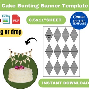 May include: Printable 8.5x11 inch sheet with 12 grey diamond shapes for a cake bunting banner. The text "your text here" is written in one of the diamonds. The text "INSTANT DOWNLOAD" is written below the diamonds.