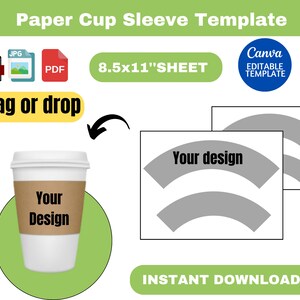 Plantilla de funda de taza de papel, plantilla de funda de taza de café, plantilla de funda de taza, envoltorio de taza de papel, plantilla en blanco, descarga instantánea
