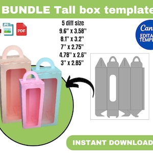 Modèle de grande boîte BUNDLE, modèle Tall Box BUNDLE, modèle de boîte avec poignée, boîte de fenêtre, grande boîte Svg, boîte cadeau bricolage, boîte pour poupée