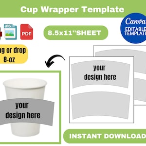 Cup wrapper template, cup wrapper SVG, Coffee Cup Sleeve Template, cup template, 8-oz Cup Wrapper, Full Wrap, , sublimation, Canva, BLANK