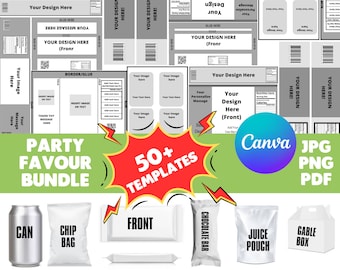 50+ Party favor template Bundle, Chip bag template, Party Favors, Chocolate Bar Template, Water Bottle Labels, Candy bar wrappers