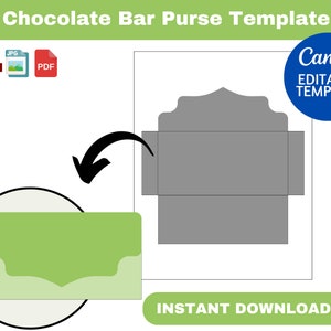 Puede incluir: Una plantilla imprimible para un bolso de barra de chocolate. La plantilla se muestra en gris con un ejemplo verde del producto terminado. La plantilla está disponible para descarga instantánea.