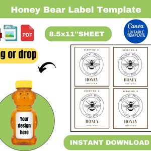 May include: Printable honey jar label template featuring a honey bear illustration and the text "Natural Honey since 2005". The template is designed for 8.5x11 inch sheets and is editable in Canva.