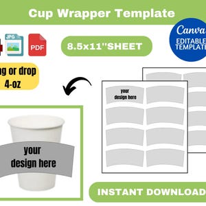 Cup wrapper template, cup wrapper SVG, Coffee Cup Sleeve Template, cup template,  4-oz Cup Wrapper, Full Wrap, , sublimation, Canva, BLANK