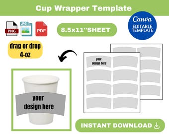 Cup wrapper template, cup wrapper SVG, Coffee Cup Sleeve Template, cup template,  4-oz Cup Wrapper, Full Wrap, , sublimation, Canva, BLANK