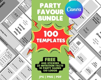 100+ Party favor template Bundle, Chip bag template, Party Favors, Chocolate Bar Template, Water Bottle Labels, Candy bar wrappers and more