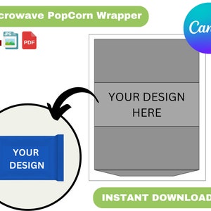 Puede incluir: Una plantilla imprimible para una bolsa de palomitas de maíz para microondas. La plantilla es gris y tiene el texto "YOUR DESIGN HERE". La plantilla está rodeada por un borde blanco y un botón verde que dice "INSTANT DOWNLOAD".