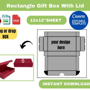 May include: A red rectangle gift box with a lid, shown open and closed. The image includes a template for a 12x12 inch sheet, with the text "your design here". The design is an editable template.