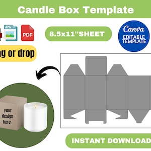 Op de afbeelding: Afdrukbare kaarsendoos sjabloon voor 8,5 x 11 inch papier. De sjabloon toont een grijze doos met kleppen om te vouwen en te lijmen. De afbeelding toont ook een kaars in een doos met de tekst "uw ontwerp hier".