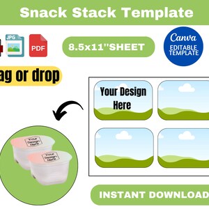 May include: Printable template for snack stack labels. The template includes four labels with a green and blue landscape design and the text "Your Design Here". The template is 8.5 inches by 11 inches and is available for instant download.