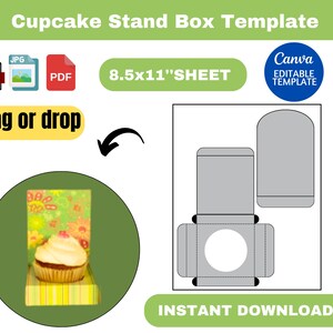 Puede incluir: Plantilla de caja de soporte para cupcakes imprimible para papel de 21,6 x 27,9 cm. La plantilla incluye una caja de soporte para cupcakes con un recorte redondo para el cupcake y una solapa superior separada. La plantilla es editable en Canva.