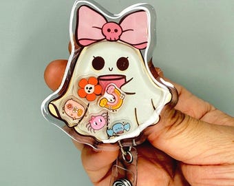 Coquette Halloween Badge Reel: Girly Ghost with Pink Bow