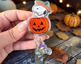 Halloween Pumpkin Dog Badge Reel with Witch Charm, Cute Spooky Retractable ID Holder, Fall Nurse Badge Reel, Halloween Badge Reel