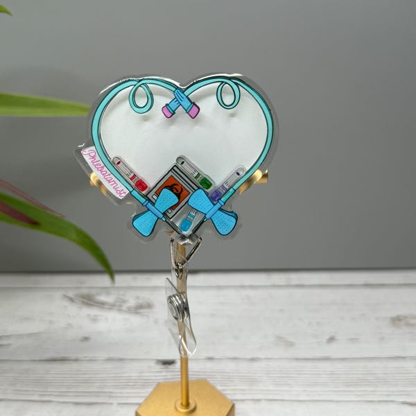 Shaker Badge Reel: Phlebotomist, venipuncture, labs, tubes, veins, blood collection.