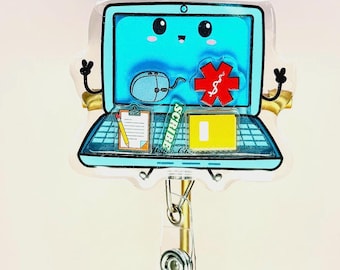 Scribe Shaker Badge Reel: Cartoon Laptop Design, Medical ID Clip