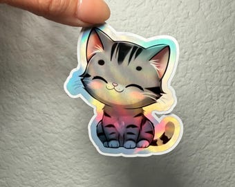 Holographic Cat Sticker, Die Cut Vinyl Decal