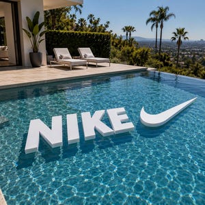 May include: A white "NIKE" logo and swoosh float in a turquoise pool. The scene is set outdoors with a view of palm trees, a city skyline, and a modern house with lounge chairs.
