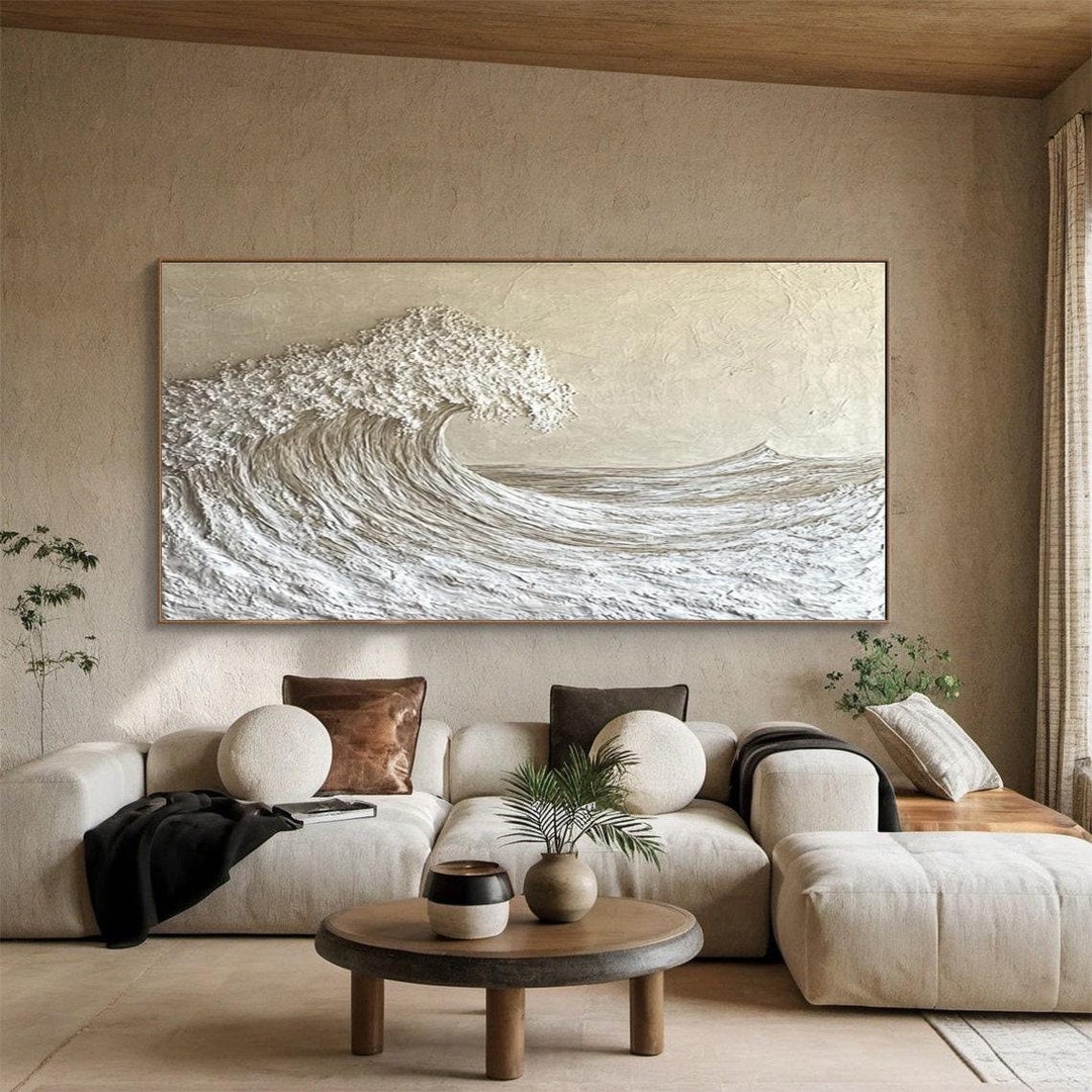 Abstract Ocean Wave Wall Art, White and Beige 3D Textured Painting on ...