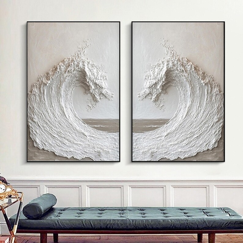 Large Abstract Ocean Wave Wall Art,set of 2 White and Gray Ocean Wave