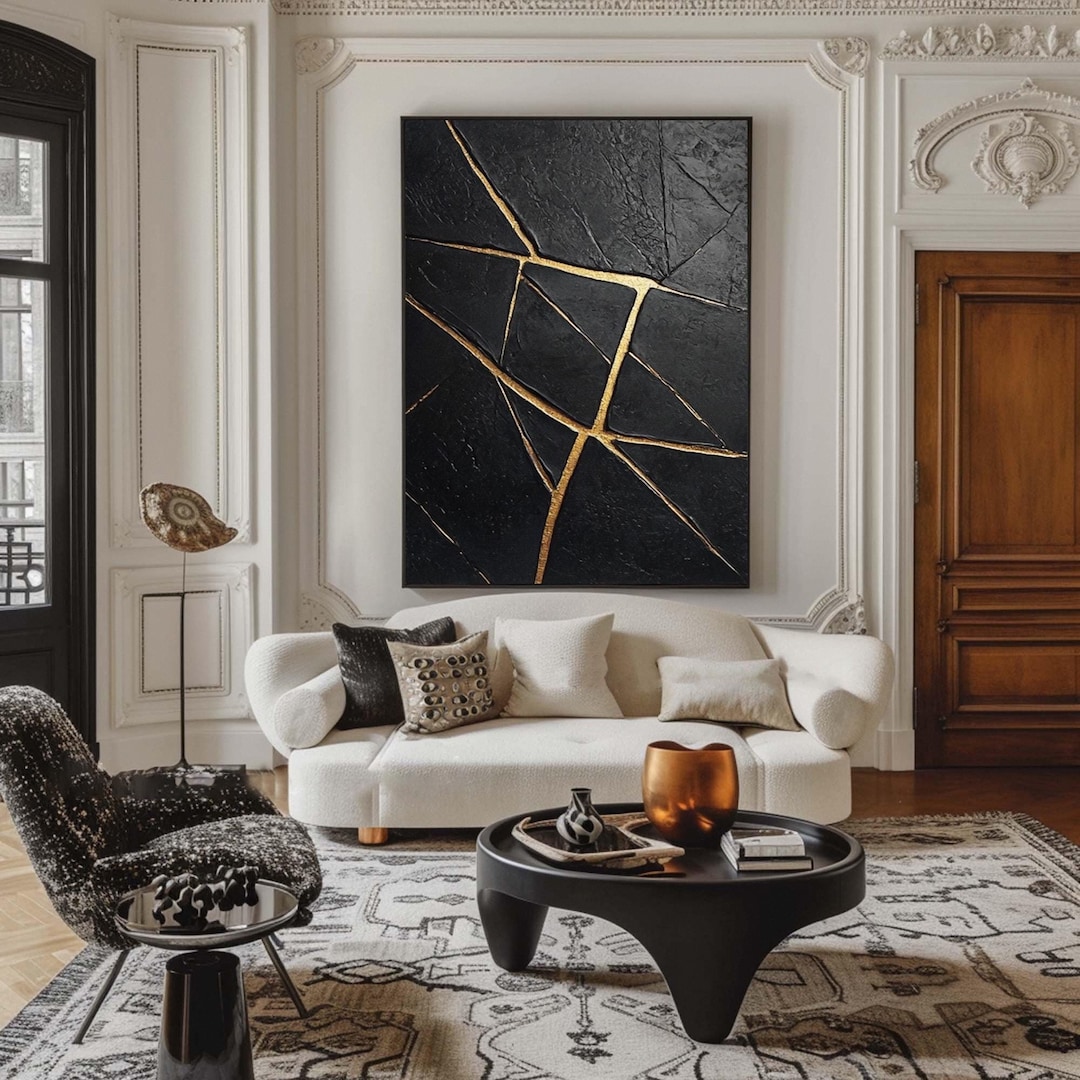 Abstract Black and Gold Textured Painting on Canvas,minimalist Wall Art ...