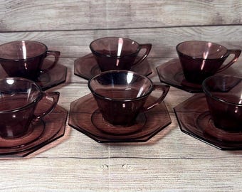 Teetassen Untertassen 6er Set Vintage Hazel Atlas marokkanische Amethyst Octagon Lila