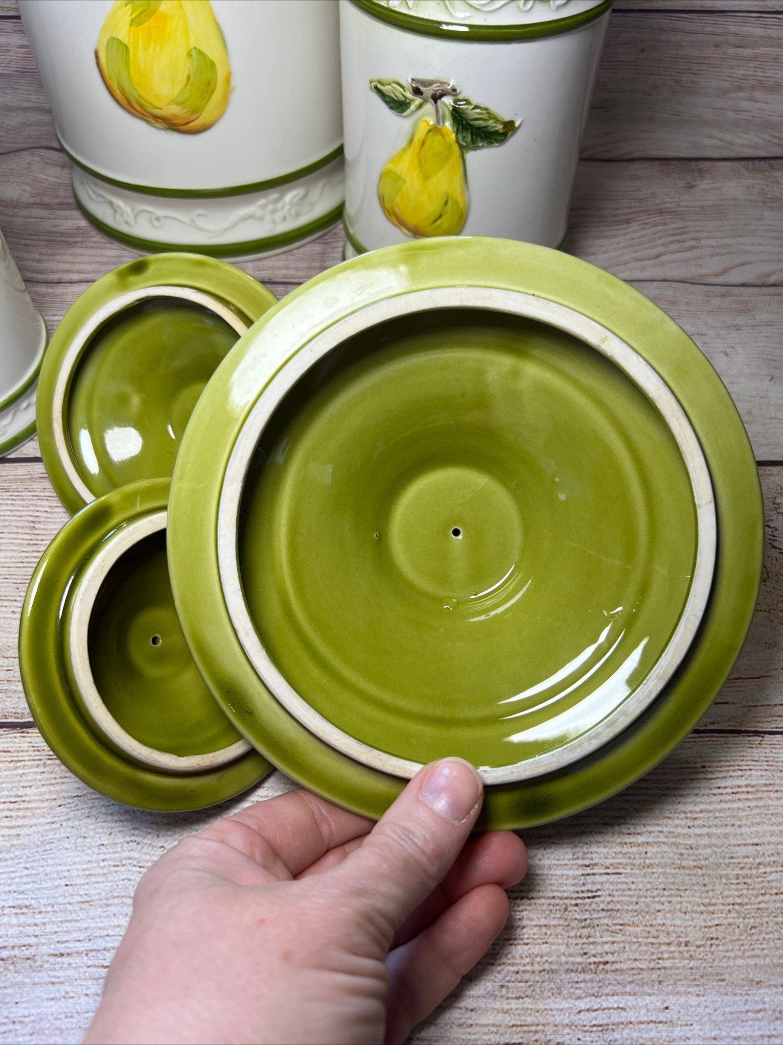 Set 3 Ceramic Kitchen Vintage Canisters Lids Fruit Pear