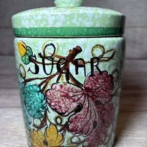 Vtg Ceramic Sugar Canister Italy Green White Speckled Leaves 8x5”